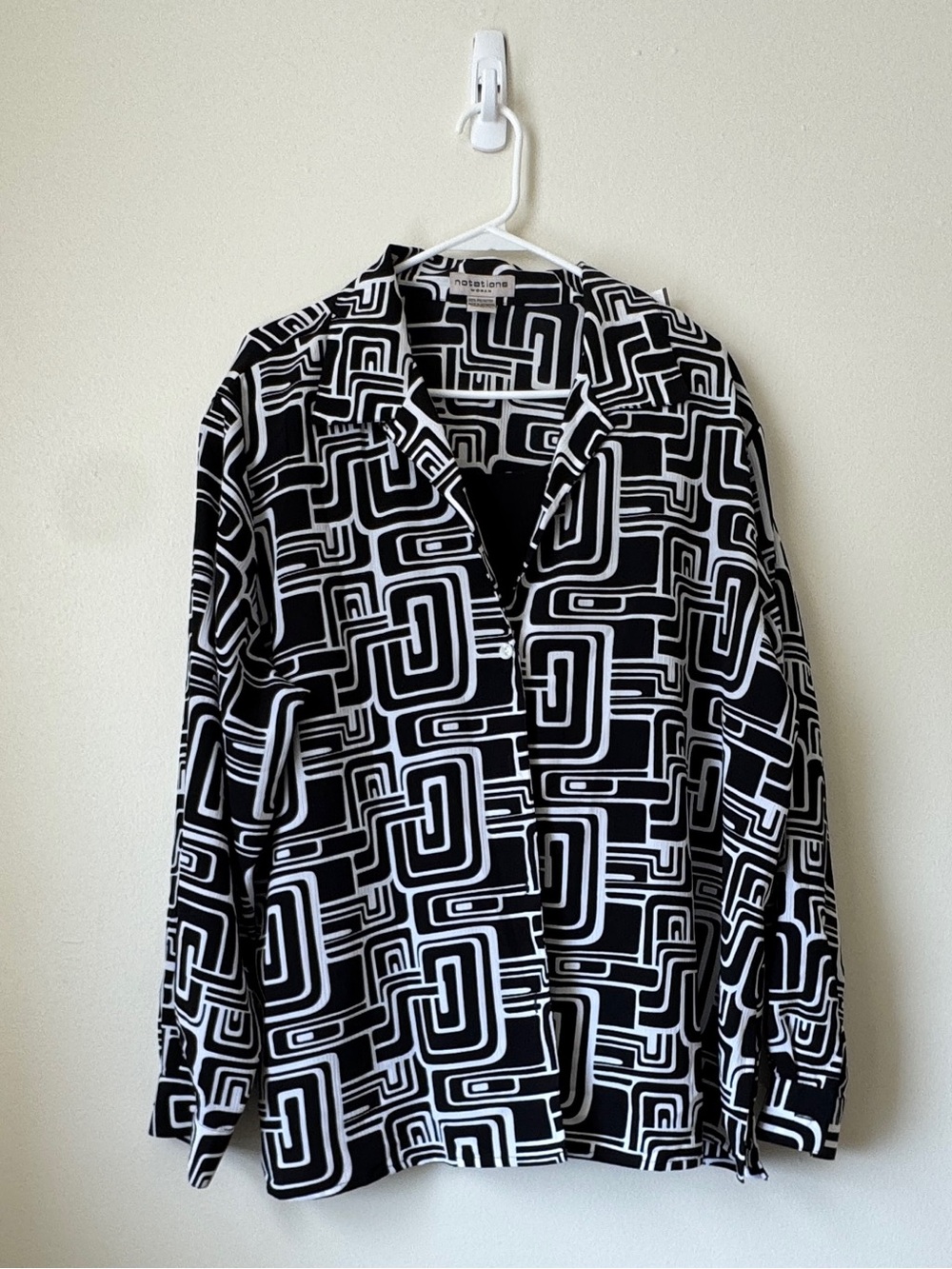 Notations Women Black White Geometric Print Blouse 2X